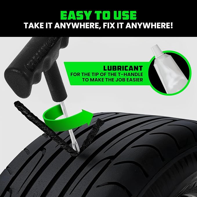 Rhino USA Compact Tire Repair Kit (14-Piece) – Heavy Duty Plug Set with Included Lubricant to Fix Punctures and Seal Flats – Tubeless Tool for Car, Motorcycle, ATV, UTV, RV & Trailer