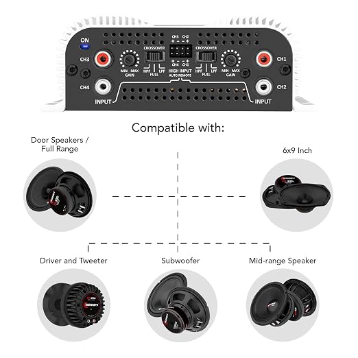 TS 800x4 1 Ohm Multichannel Stereo Amplifier 800 Watts Rms, 4 Channels, Full Range, Car Audio Amp Digital 2 Bridged Channel, Crossover High/Low Pass, with RCA and Automatic High Level Input
