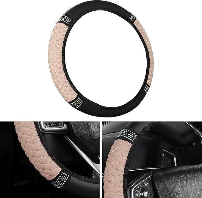 Bling Car Steering Wheel Cover, 15 Inch Rhinestones Soft Leather Elastic Steering Wheel Protector, Sparkly Crystal Diamond for Women, Car Interior Accessories for Most Cars (Beige)