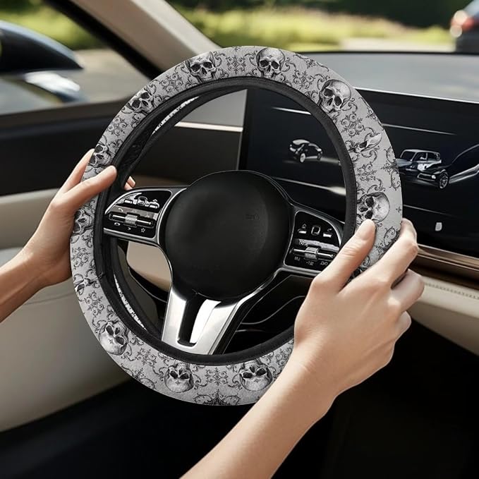 Steering Wheel Protection for Most Cars Interior Accessories | Skull Bat Grey Automotive Steering Wheel Cushion, Halloween Decor, Anti-slip Universal 14-15 inch, Easy Install