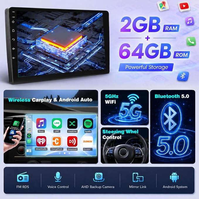 2+64G Car Radio for Toyota Corolla 2004 2005 2006 2007 2008 Wireless Carplay Android Car Stereo, 9 Inch Touchscreen with Android Auto 5G WiFi GPS Navigation AHD Backup Camera FM RDS