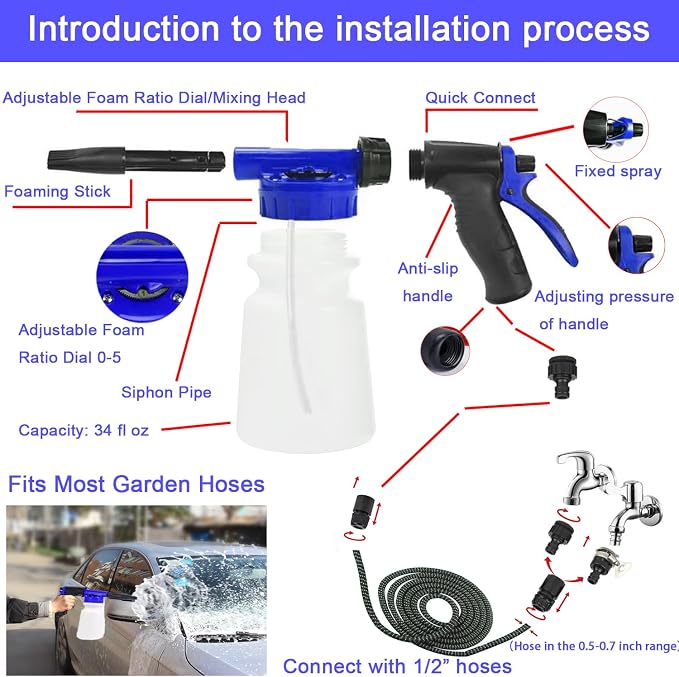 Car Wash Kit with Foam Gun, Bucket and Cleaning Tool, Car Washing Kit | Includes Wash Mitt Tire Brush Sponge Towels Brush Car Cleaning Kit for Interior and Exterior Cleaning, Home or Travel Use