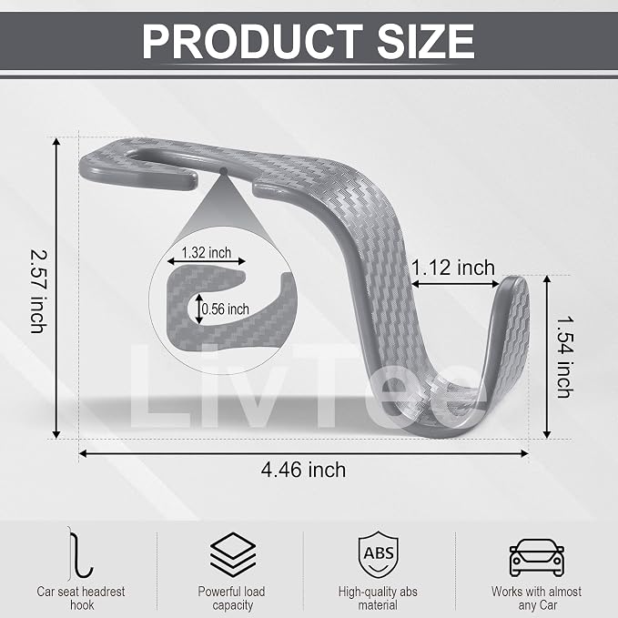 Car Purse Hook, 4 Pack Universal Auto Seat Headrest Hook Hangers Organizer for Coats, Umbrellas, Groceries - Carbon Fiber Gray