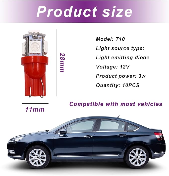 10 PCS Car Interior LED Light Bulb, T10 5050 5SMD LED Car Bulb Kit, Super Bright Automotive Led Replacement Bulbs for Dashboard Dome Map Door Courtesy License Plate Lights (Red)