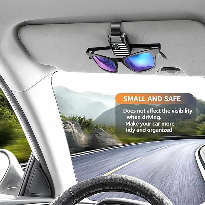 2 Pack Sunglasses Holder for Car, One-Handed-Operation Visor Sunglass Holder Clip, Easy Access Storage for Driving,Universal Fits (Black-White-250 Anniversary USA Flag)