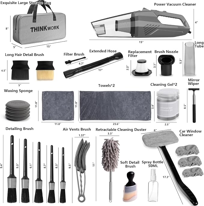 Car Cleaning Kit, Car Detailing Kit Interior Cleaner with High Power Handheld Vacuum, 10Pcs Detailing Brush and Storage Bag, Gray Auto Interior Cleaning Kit for Men