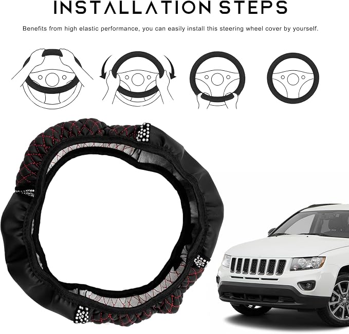Bling Car Steering Wheel Cover, 15 Inch Sparkly Rhinestone Soft Leather Steering Wheel Protector, Non-Slip Universal Auto Elastic Steering Wheel Covers for Women Girls (Black & Red)