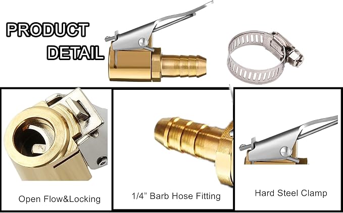 Tire Air Chuck Adapter with Clip,1/4" Brass American Type Thread Pump Nozzle，Locking Tire Inflator Adapter Connect, Air Compressor Tire Chuck Hose End with Barb Connector for Hose Repair 1PC