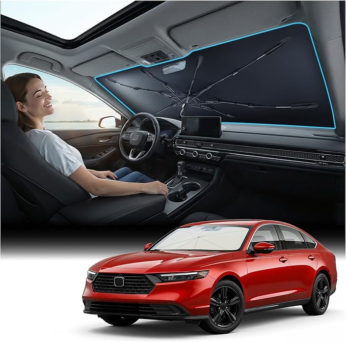 Windshield Sun Shade Umbrella for Civic - [Vinyl Coating Heat Shield] Protect Car from Sun Rays & Heat Damage Keep Cool and Protect Interior, Spring Structure Edge
