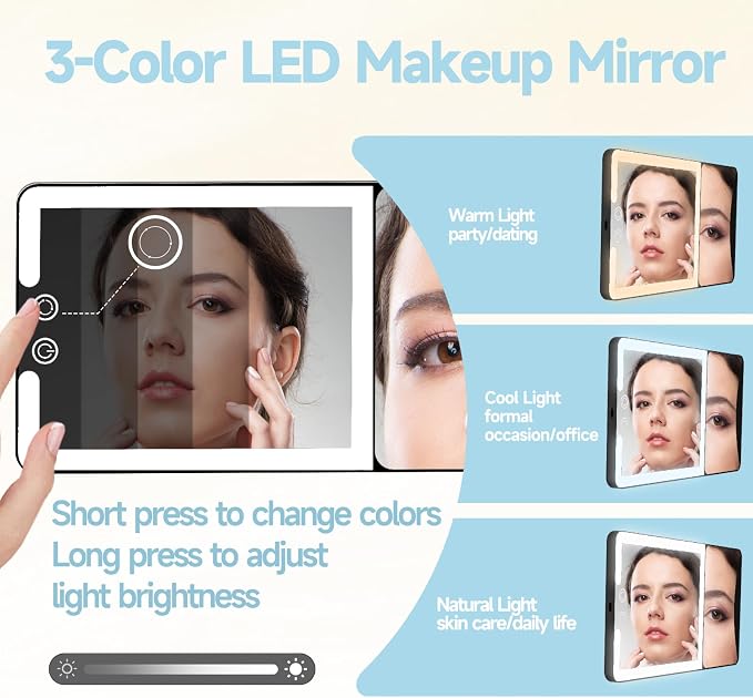 Car Sun Visor Vanity Mirror with Lights,Side with 6 inch 20X Magnifying Mirror,Rechargeable Car Makeup Mirror with 3 Light Modes,Dimmable Touch Led Screen,Black