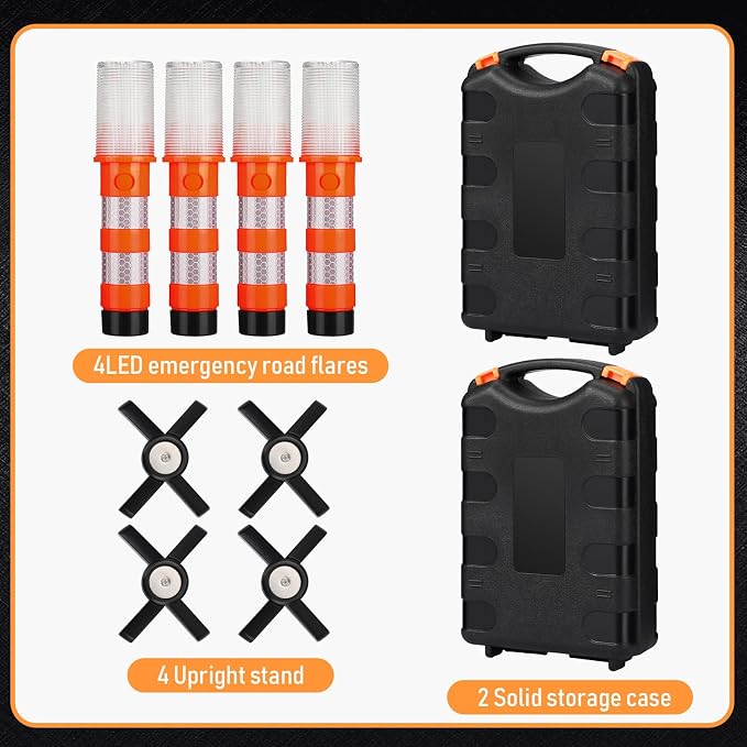 8 Pack Road Flares Emergency Kit LED Roadside Warning Lights Bright Red Highway Flares Lights for Vehicles Road Safety Strobe with Magnetic Bases Detachable Stands Storage for Car Truck
