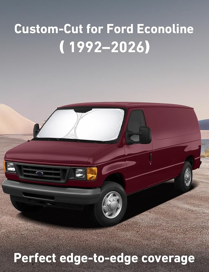 Windshield Sunshade Compatible for Ford Econoline E-Series 1992-2024 2025 2026, Van & Motorhome E-150 250 350 450 Sun Visor for Front Window Sun Shade Cover, UV Heat Blocker, Car Accessories