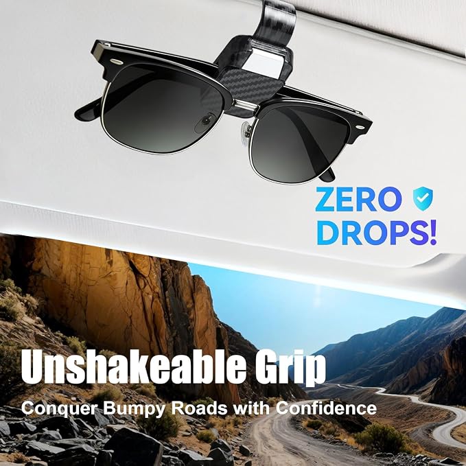 2 Pack Sunglasses Holder for Car, One-Handed-Operation Visor Sunglass Holder Clip, Easy Access Storage for Driving,Universal Fits (Carbon Fiber Finish)