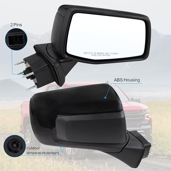 Right Passenger Side Mirror Compatible with 2019 2020 2021 2022 2023 2024 2025 Chevy Silverado 1500 With Temperature Sensors Black Replace#GM1321582(2Pins)