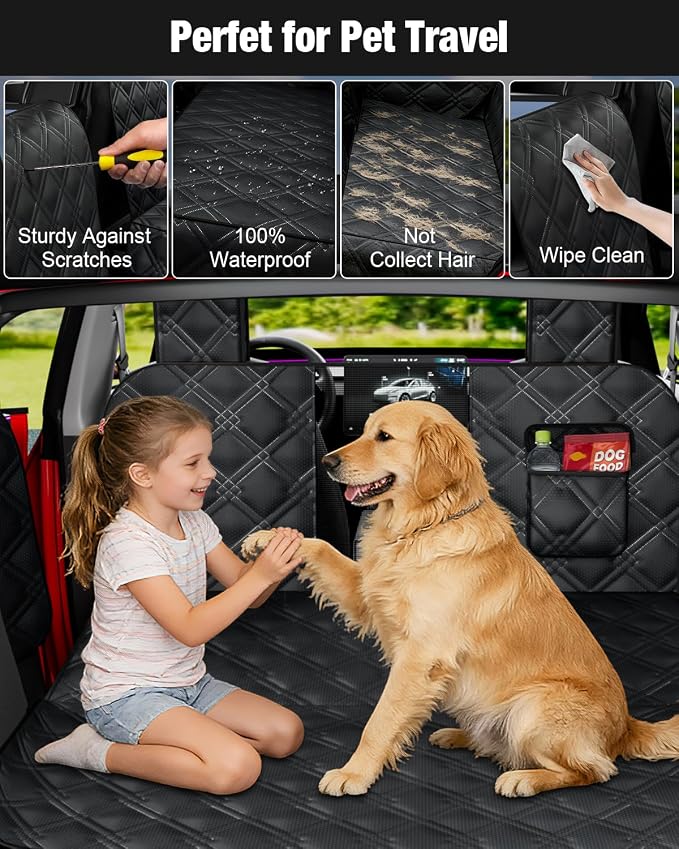 Dog Car Seat Cover for Back Seat Compatible with 2020-2026 Tesla Model Y — Hard Bottom Pet Travel Hammock with Seat Extender, Waterproof Backseat Dog Cover with Door & Headrest Protectors