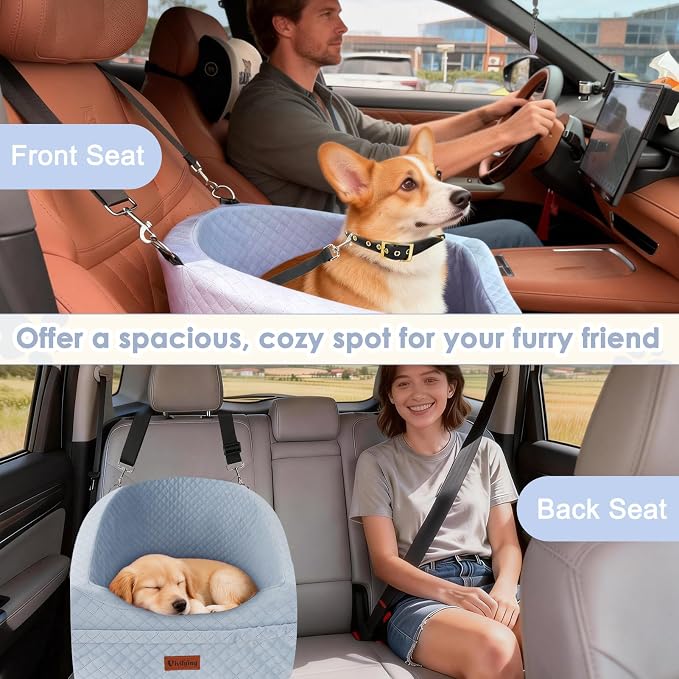Dog Car Seat for Small & Medium Dogs, Detachable & Washable Booster Seat for Pets Up to 30lbs, Travel Bed with Storage Pockets and Safety Belt – Gray