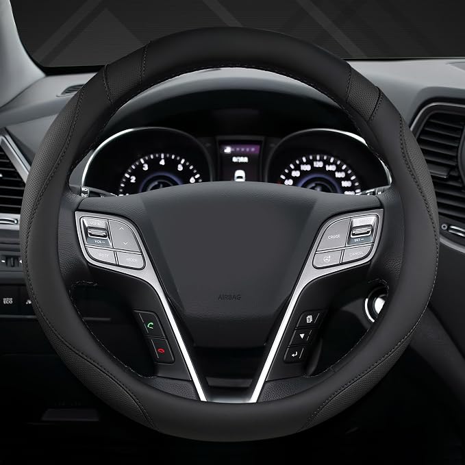 Customized Auto Car Steering Wheel Cover for Hyundai,Tucson,Sonata,Elantra,Santa Fe,Genesis,Sonata Hybrid,Azera,Venue,Kona, 14.5-15 inches(Black - Standard Size)