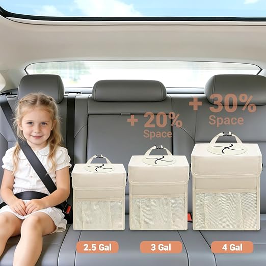 Car Trash Can with Lid, Leakproof Car Trash Bag Hanging Waterproof Automotive Garbage Can with Storage Pockets Mini Vehicle Trash Bin for Back/Front Seat(Beige,4 Gallon)