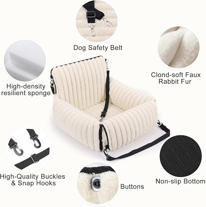 6-in-1 Dog Car Seat for Small/Medium Dogs up to 25 lbs, Multi-Functional Dog Carrier for Car with Detachable Washable Cover, Pet Travel Bed with Clip-On Safety Leash, Beige