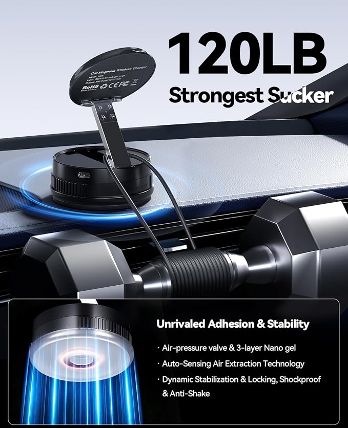 2026 Upgraded 15W MagSafe Car Mount Charger,Magnetic Wireless Car Charger,360° Rotatable Strong Hold Car Phone Mount with Vacuum Suction Cup & Nano Adhesive Base for iPhone 17 16 15 14 13 12,Samsung