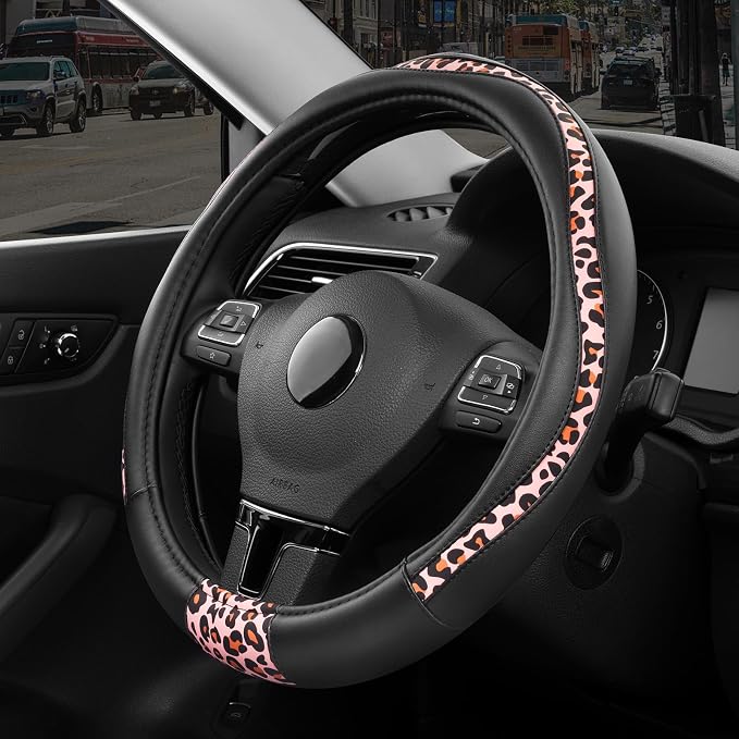 Steering Wheel Cover - Made with PVC Leather and Leopard Fabric - Universal 14 1/2 inches to 15 inches for Most Automotive Steering Wheel - Cheetah Print - Pink Leapord