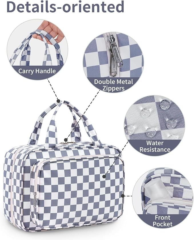 Travel Toiletry Bag for Women Large Hanging Makeup Bag Organizer Toiletries Bag for Full Size Essentials Accessories Cosmetics (Grayish Blue Checkerboard (Large))