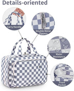 Travel Toiletry Bag for Women Large Hanging Makeup Bag Organizer Toiletries Bag for Full Size Essentials Accessories Cosmetics (Grayish Blue Checkerboard (Large))