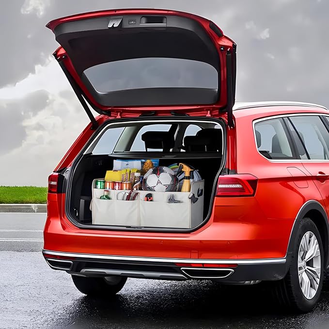 Trunk Organizer For Suv & Sedan,Car Organizers and Storage, Waterproof Collapsible & Adjustable Straps,75L Sturdy Car Organization for Car Accessories, Tools,Sundries,2-3 Compartment（Beige）