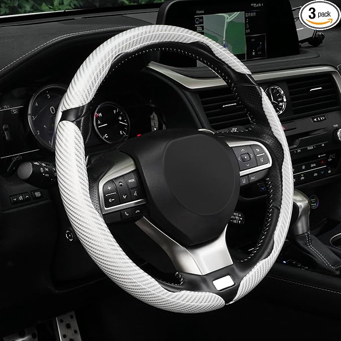3pcs Carbon Fiber Anti-Skid Steering Wheel Cover, Waterproof Design, Universal Fit for 14-16 Inch Car Wheel Cover, Interior Car Accessories for Jeeps, SUVs, Trucks (Glossy White)