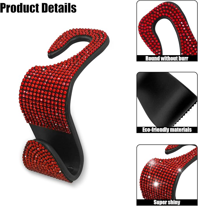 2PCS Car Seat Hooks, Bling Rhinestone Headrest Hooks, Universal Bling Car Interior Accessories, for Handbag, Clothes, Purse, Water Bottle (Red)