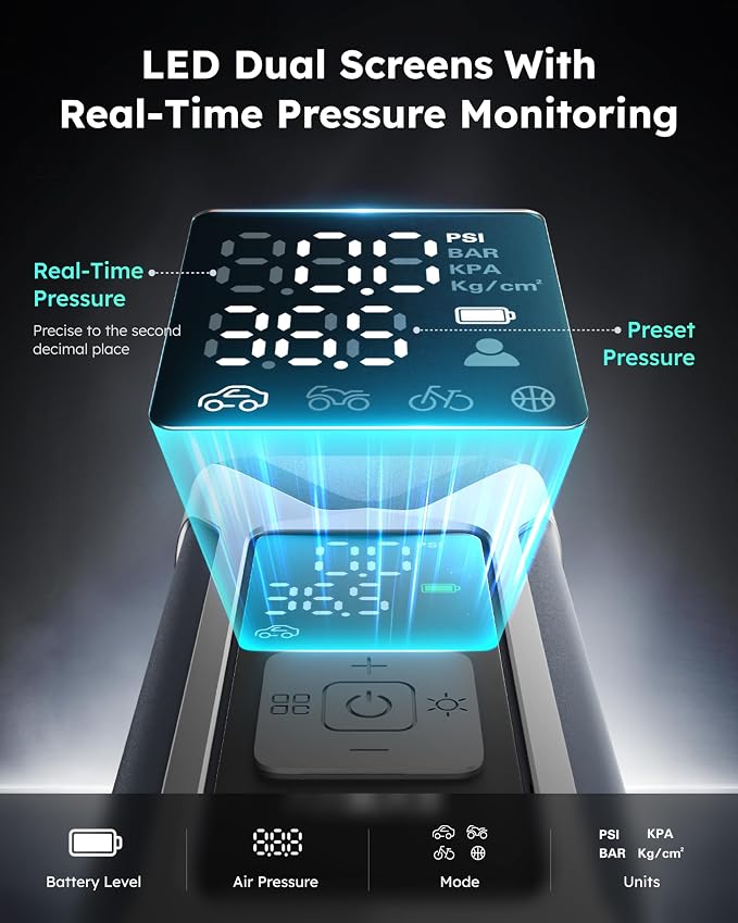 T10 Tire Inflator Portable Air Compressor, 160PSI Cordless Electric Air Pump with 7500mAh Battery, Digital Gauge, Auto Shut-off, Fast Inflation for Car, Motorcycle, Bike, Bicycle, Balls
