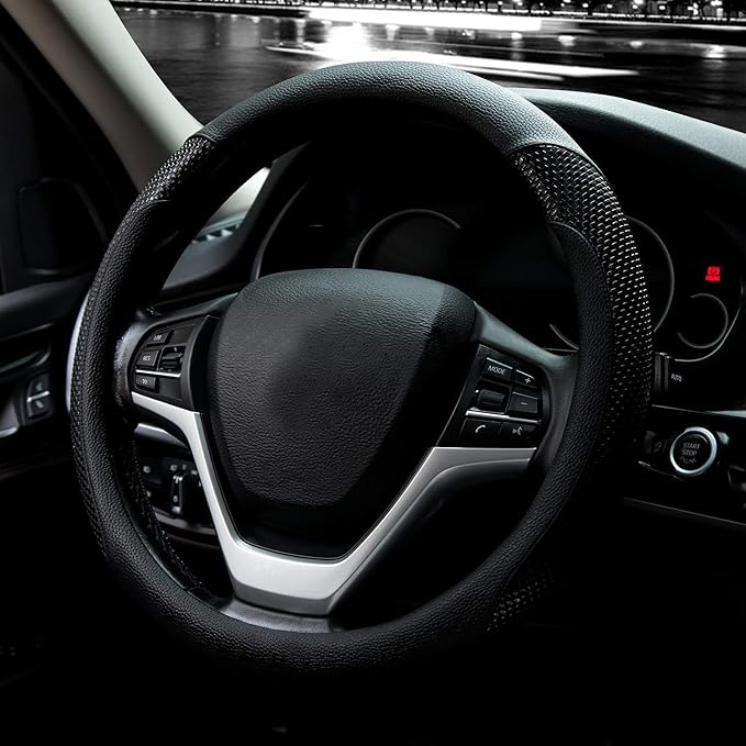 Steering Wheel Cover with Microfiber Leather for Car Truck SUV 15 inch (Black)