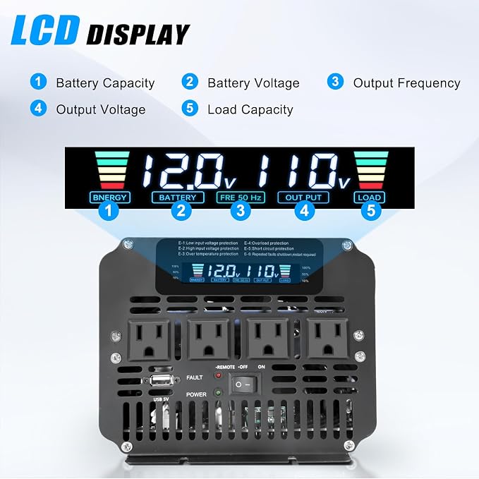 4000 Watt Power Inverter 12V to 110V 120V for Vehicle, Solar Inverter System, Heavy Duty, RV, Truck, Off Grid,Camping with 4 AC Outlets, LCD Display, Wireless Remote Control, Car Power Inverter