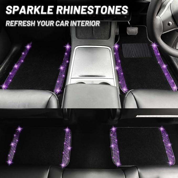 12 Pcs Bling Car Accessories Set for Women Car Floor Mats Full Set Steering Wheel Cover Seat Belt Covers Coasters Universal Fit Car SUV Truck Van Purple