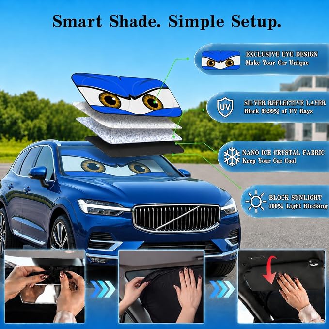 Car Windshield Sun Shade, Universal Fit Midsized Sedan SUV, Monster Blue | 63 x 31.5" Windshield Cover, Foldable Front Window Sunshade, UV Heat Protection, Cute Eyes Series