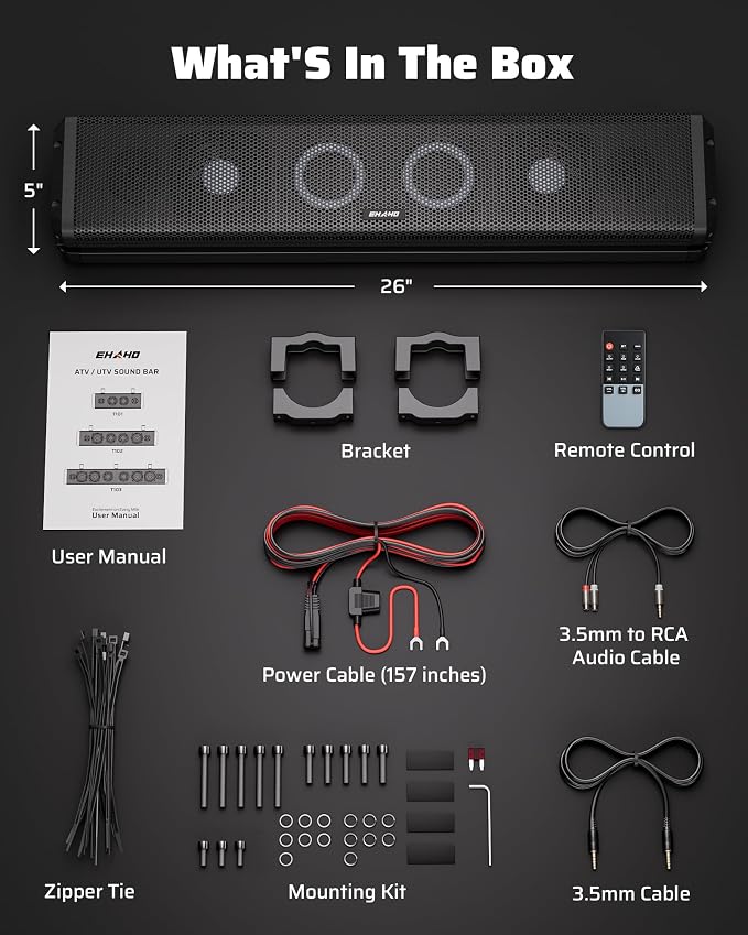 26 Inch UTV Sound Bar, IP66 Waterproof Bluetooth Golf Cart Sound Bar, ATV SoundBar with RGB Lighting, Amplified Powersports SXS SoundBar, UTV Speakers Compatible with Polaris RZR Can-Am