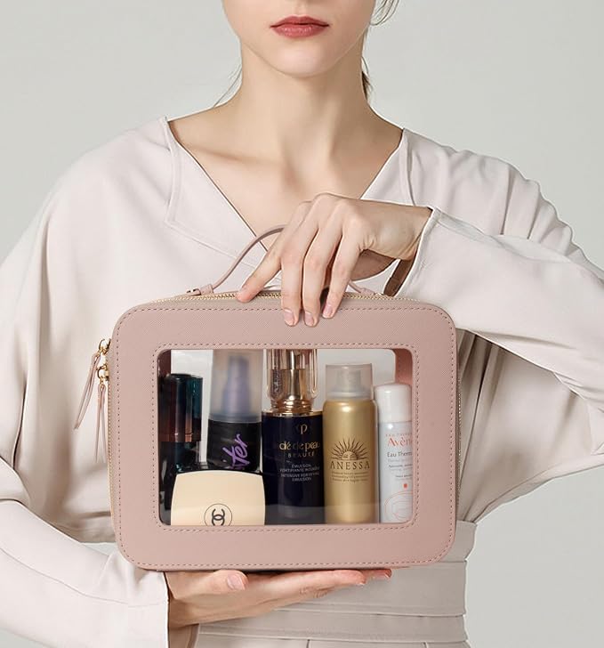 Clear Makeup Bag Organizer,Travel Toiletry Bag Cosmetic Case for Women,Portable Beach Make Up Skincare Pouch Car Organizer Bag with Zippers for Essentials(Large-Nude)