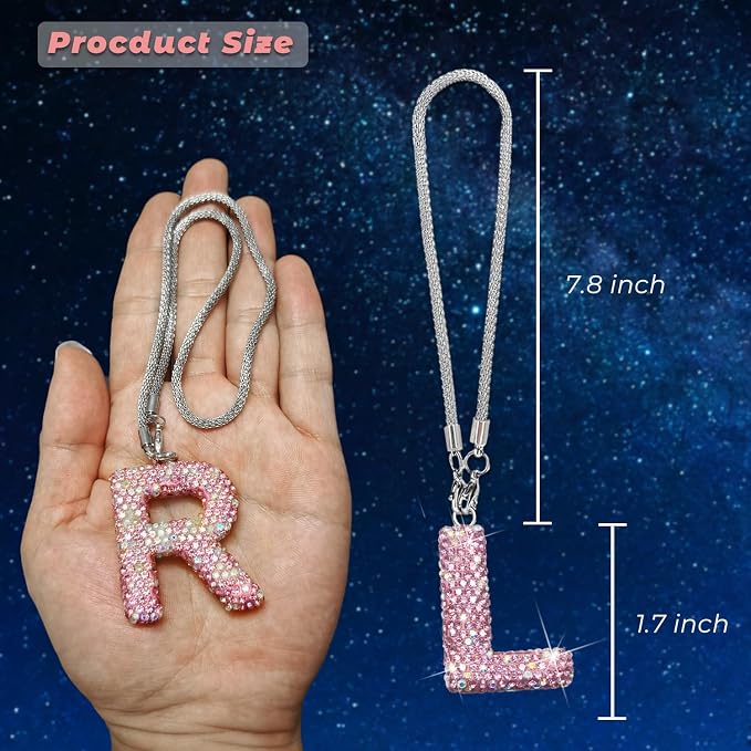Bling Pink Car Accessories for Women Letter Charm, Rainbow Color Rear View Mirror Cute Crystal Pendant Car Decorations, Lucky Gifts Girly Diamond Rhinestone Charm Letter L