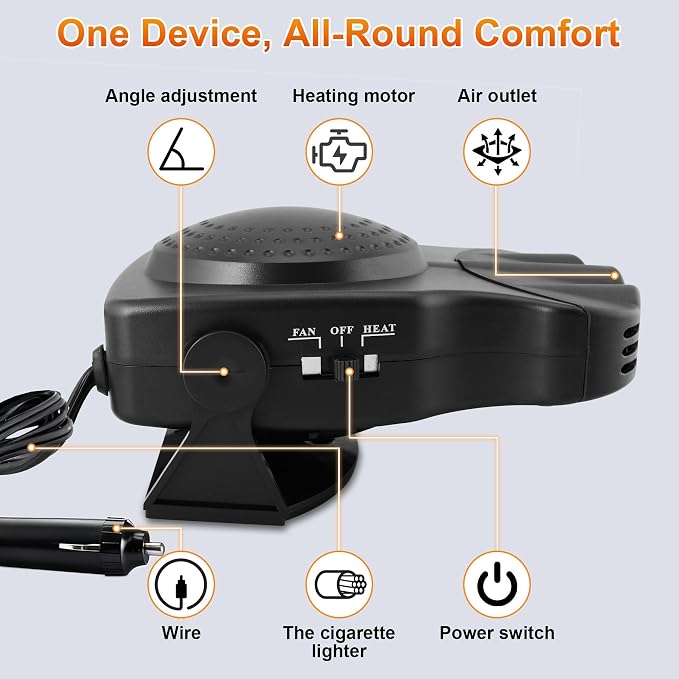 Portable Car Heater - Car Defroster for Vehicle, 150W Automotive Heater Fan with 180° Swivel Bracket, 3 Outlets for Wide Heat Distribution, for All 12V Vehicles (Black)