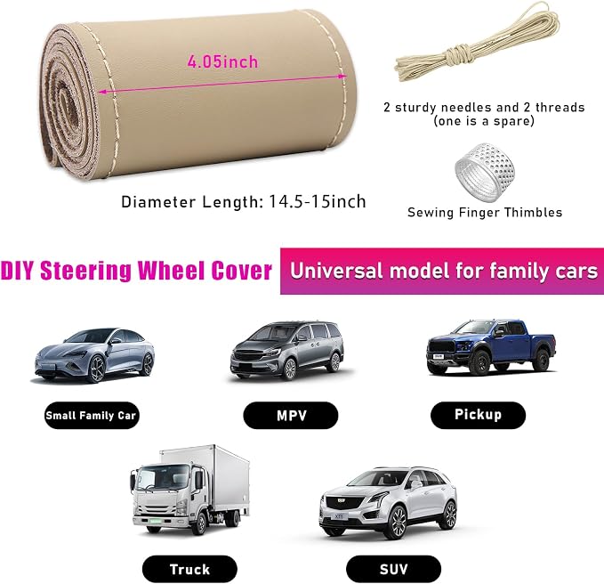Genuine Leather Steering Wheel Cover, Stitch on Wrap, Breathable Anti-Slip Car Steering Wheel Protector for Max Diameter 15 Inch, DIY Sewing with Needles Thread (Beige, Glossy)