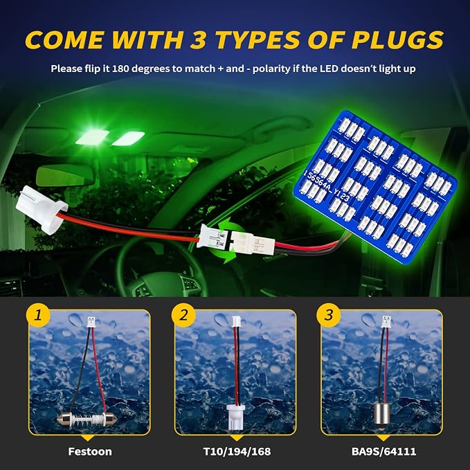 Car Interior LED Lights Accessories with 194 168 T10 / BA9S / DE3175 6418 211-2 578 Festoon Adapters, 48-SMD Panel Lamps for Dome Map Door Trunk Courtesy License Plate Lights (Green)
