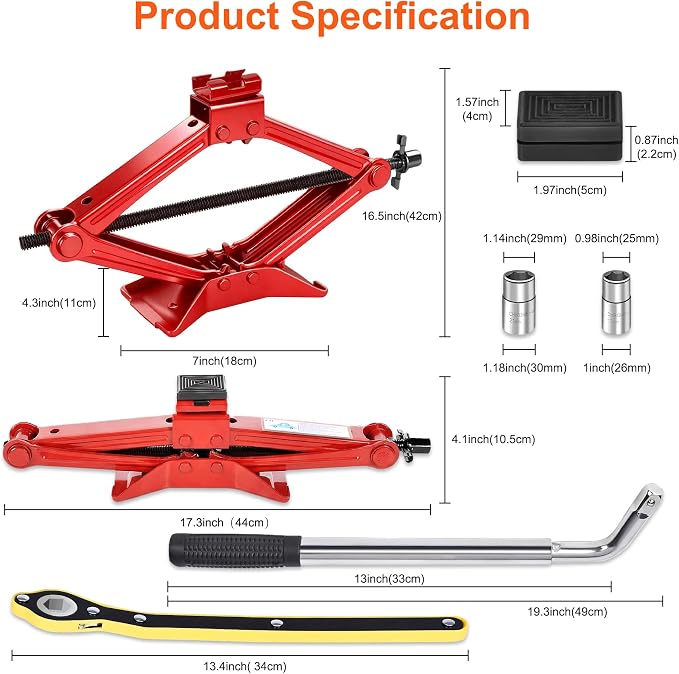 Scissor Jack, 2.5T(5512 Lbs), High-Strength Car Jack & Stand Kit with Rubber Pad, Tire Changing Kit with Ratchet Handle&Lug Wrench, Universal Vehicle Emergency Set for Various Models Red