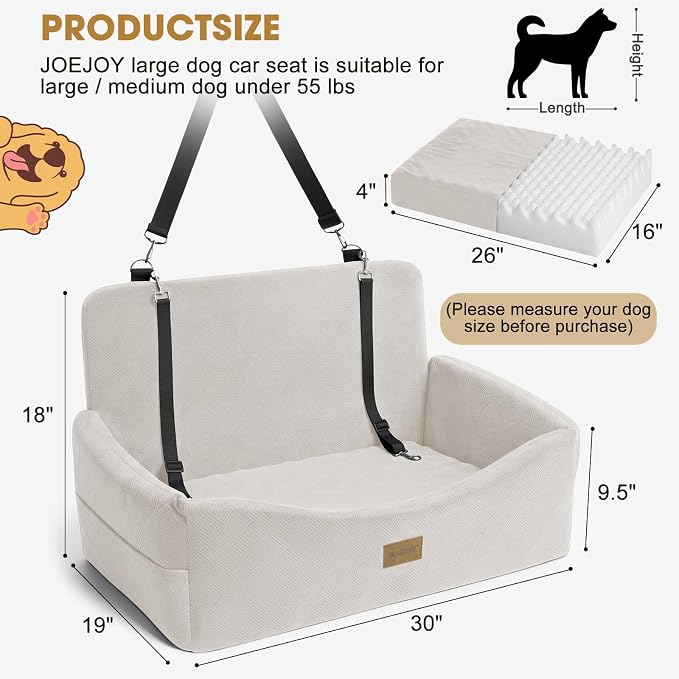 Dog Car Seat for Large Medium Sized Dogs Under 55 lbs, Dog Booster Seat for 2 Small Dogs with Detachable Washable Cover, Memory Foam Pet Car Seat with 2 Safety Belts and Storage Pockets