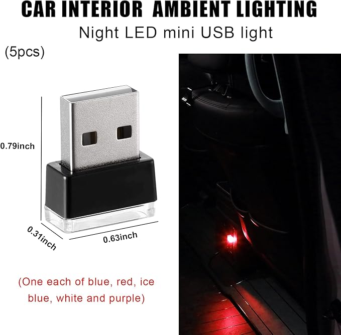 5 PCS USB LED Car Interior Atmosphere Lamp, Portable Mini LED Night Light, Plug-in USB Interface Trunk Ambient Lighting Kit, Universal Interior Car Accessories (Blue+Red+Ice Blue+White+Purple)