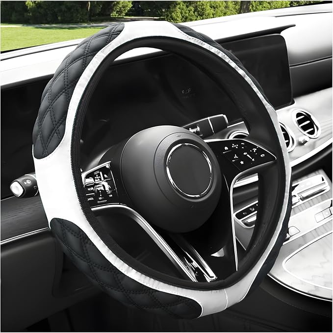 Car Steering Wheel Cover, 15 Inches Non-Slip Leather Steering Wheel Protector, Universal Soft Cover Mats for Car Truck SUV Interior Accessories (White)