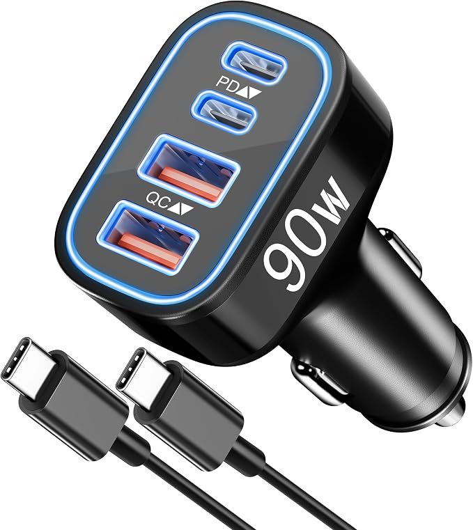 90W 4-Port USB C Super Fast Car Charger for Samsung Galaxy S26/S25/S24/S23/S22 Ultra, iPhone 17/16/15 Pro Max, Android, Type C Fast Charging Car Phone Charger Adapter Accessories + 3FT USB-C Cable