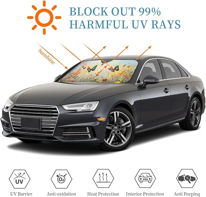 Windshield Sun Shade Flying Butterfly Art Watercolor Car Front Window Sunshade Cover for Truck SUV Blocks UV Rays Automotive Visor Interior Protector 55 x 30 inch