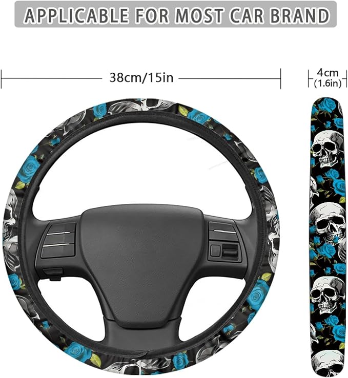Skulls Print Car Steering Wheel Cover Stretch-on Fabric Neoprene Comfortable Grip Automotive Steering Wheel Protector Adult Anti-Slip Universal 15 inch Machine Washable Gray