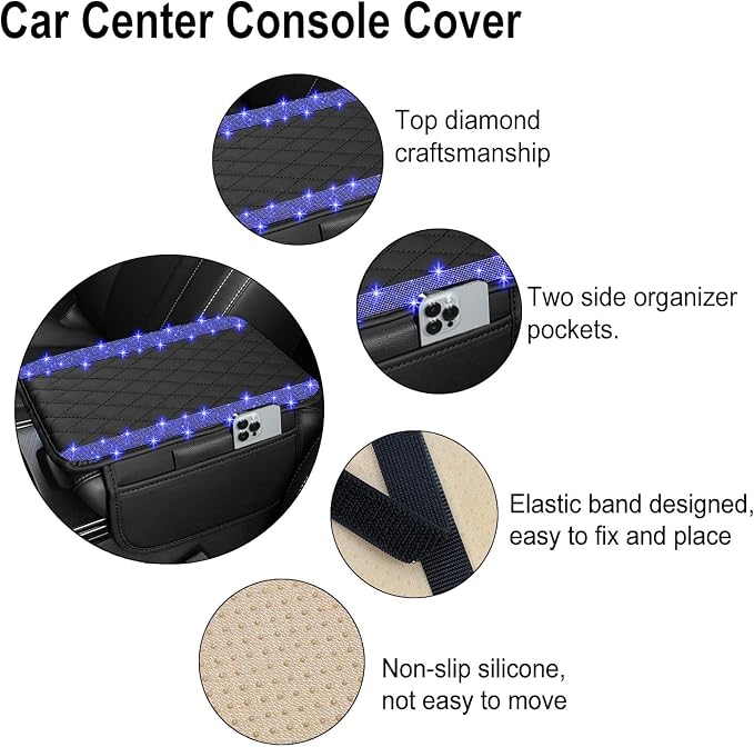 Bling Car Center Console Cover, Leather Car Arm Rest Cover Cushion with 2 Storage Bags, Universal Automotive Armrest Protector Storage Box, Bling Accessories Interior for Most Vehicles (Blue)