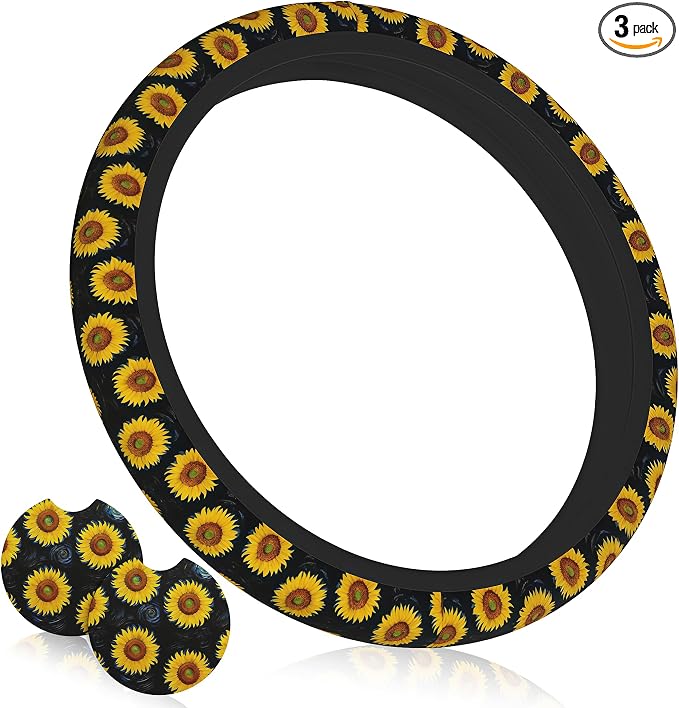 Sunflower Floral 3-Pc Car Set : Steering Wheel Cover + 2 Pc Car Coasters | Universal 14 - 15 Inch Breathable Anti Slip Sunflower Car Accessories Decor for Men Women